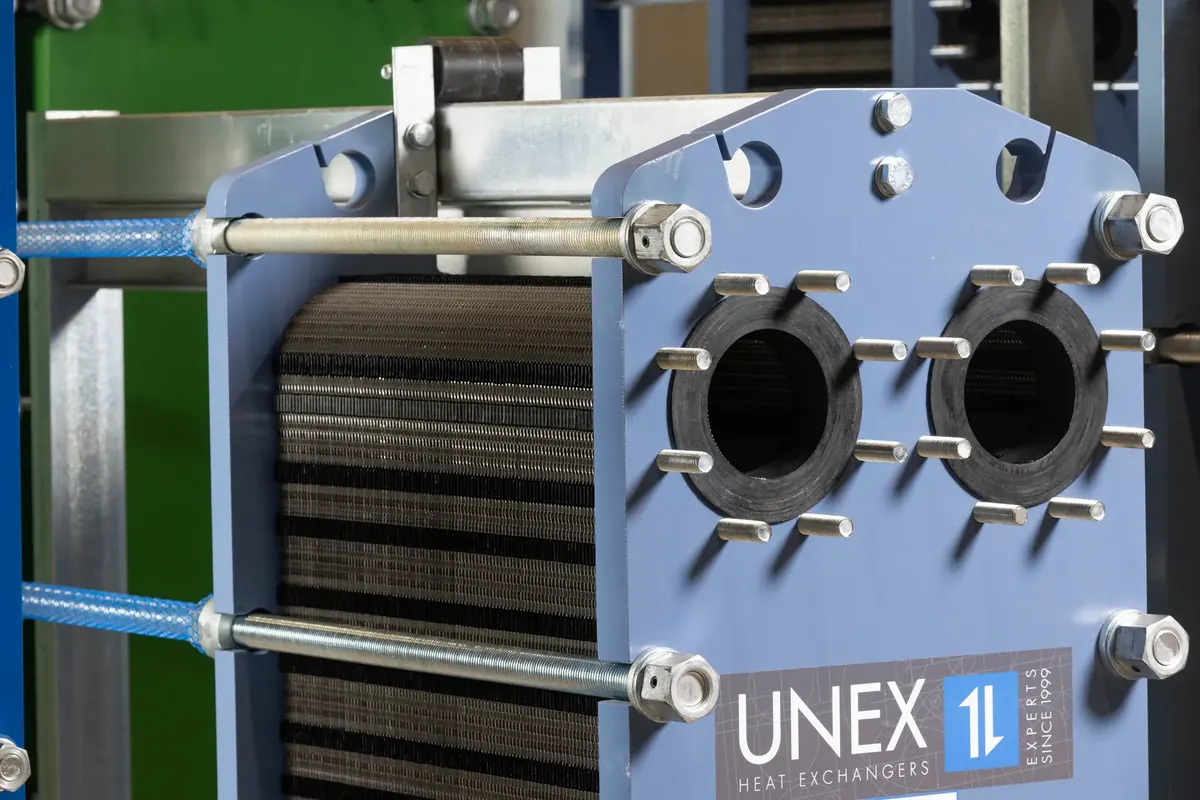 Close-up of the plates of a heat exchanger