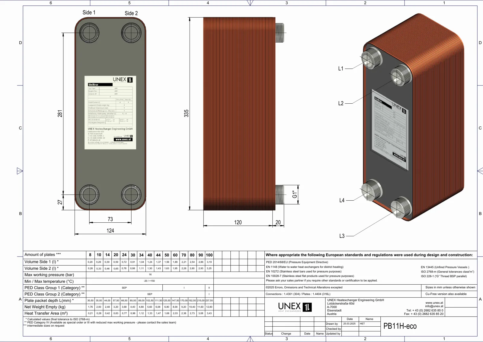 Plan technique avec les dimensions de UNEX PB11H-10-eco