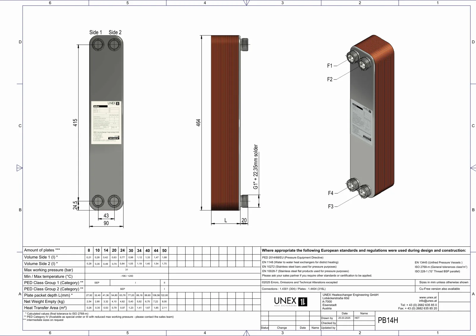 Plan technique avec les dimensions de UNEX PB14-8