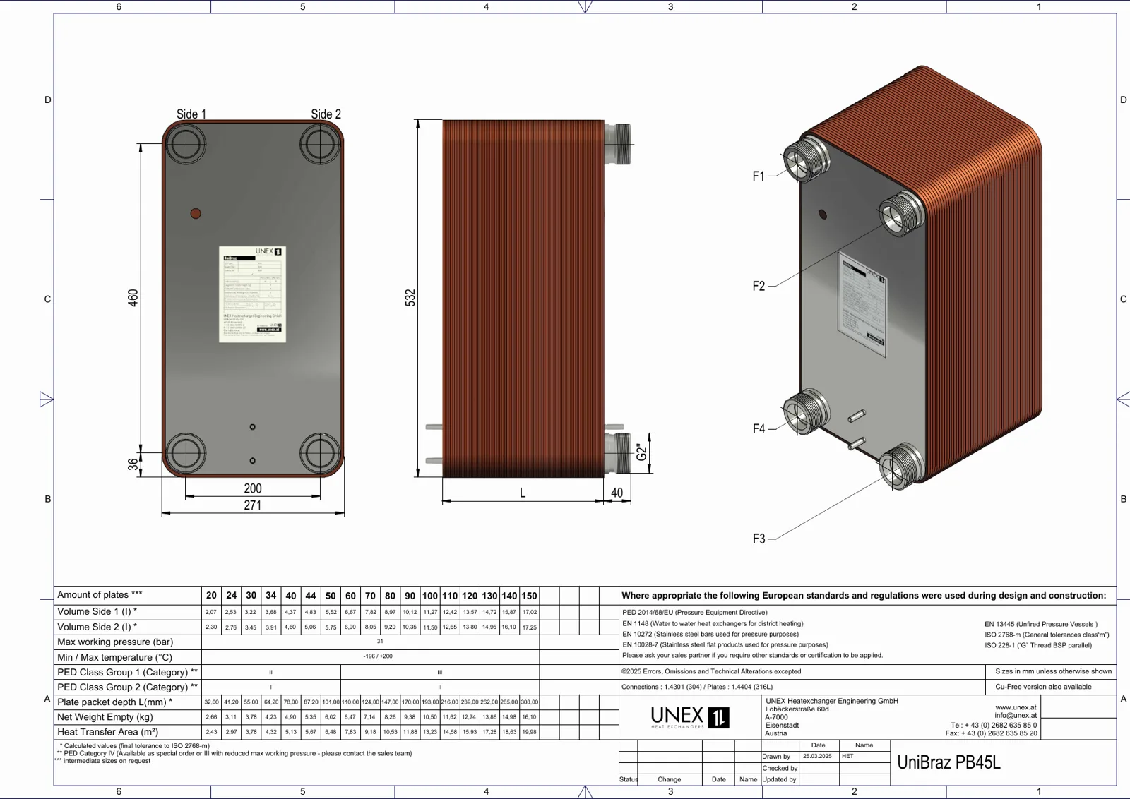 Plan technique avec les dimensions de UNEX PB45L-100