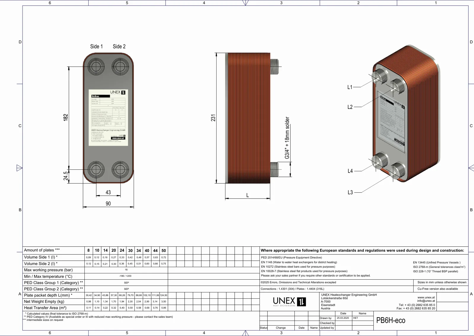 Plan technique avec les dimensions de UNEX PB6H-14-eco