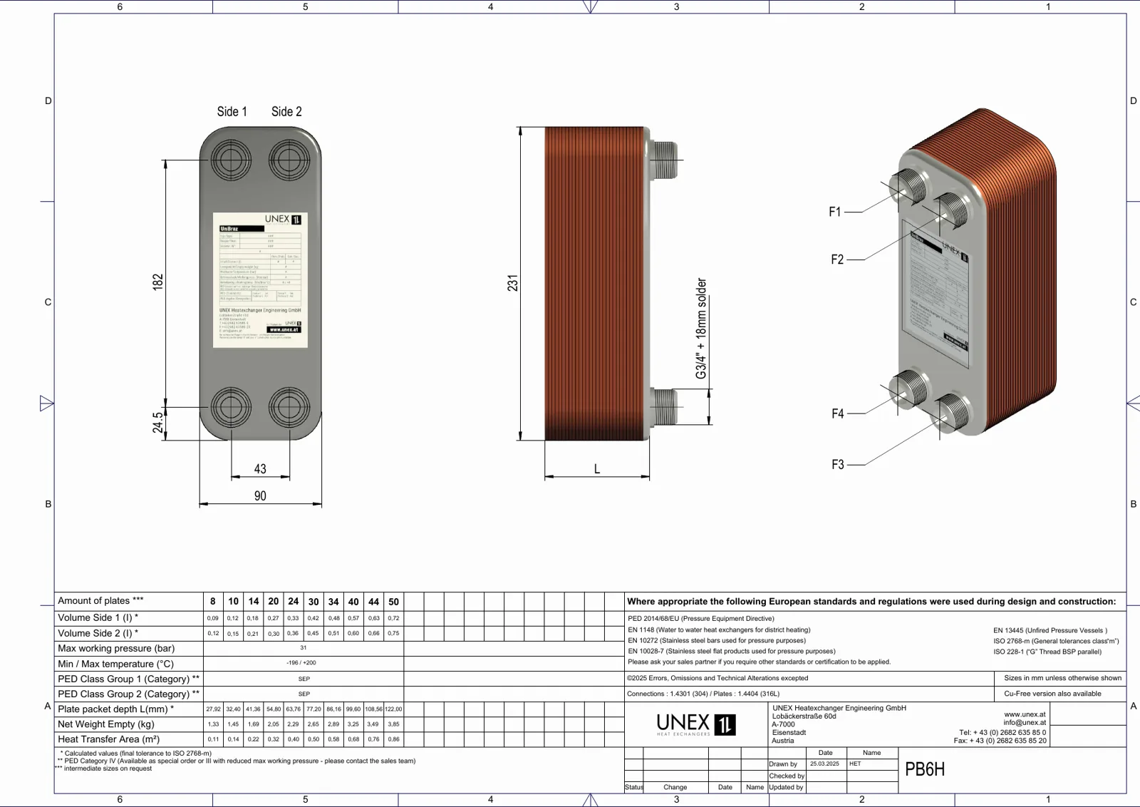 Technische Zeichnung mit den Maßen von UNEX PB6H-8