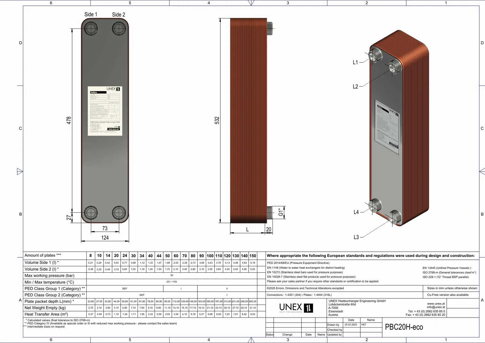 Plan technique avec les dimensions de UNEX PBC20H-34-eco