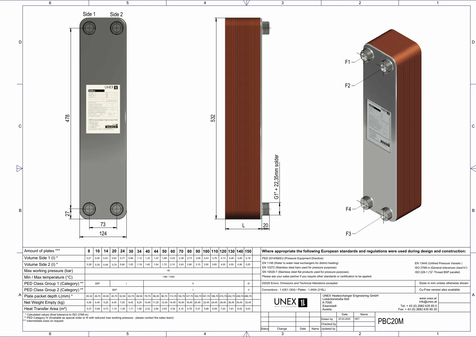 Technische Zeichnung mit den Maßen von UNEX PBC20M-8