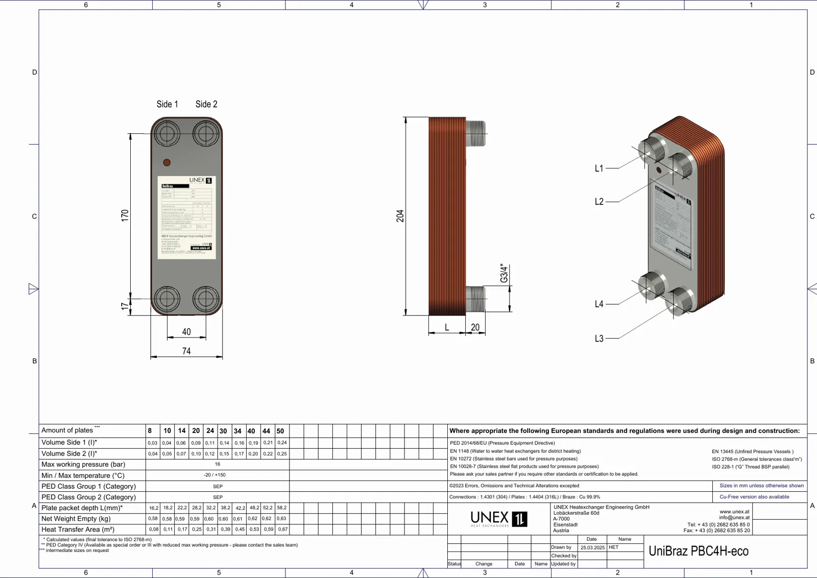 Plan technique avec les dimensions de UNEX PBC4H-10-eco