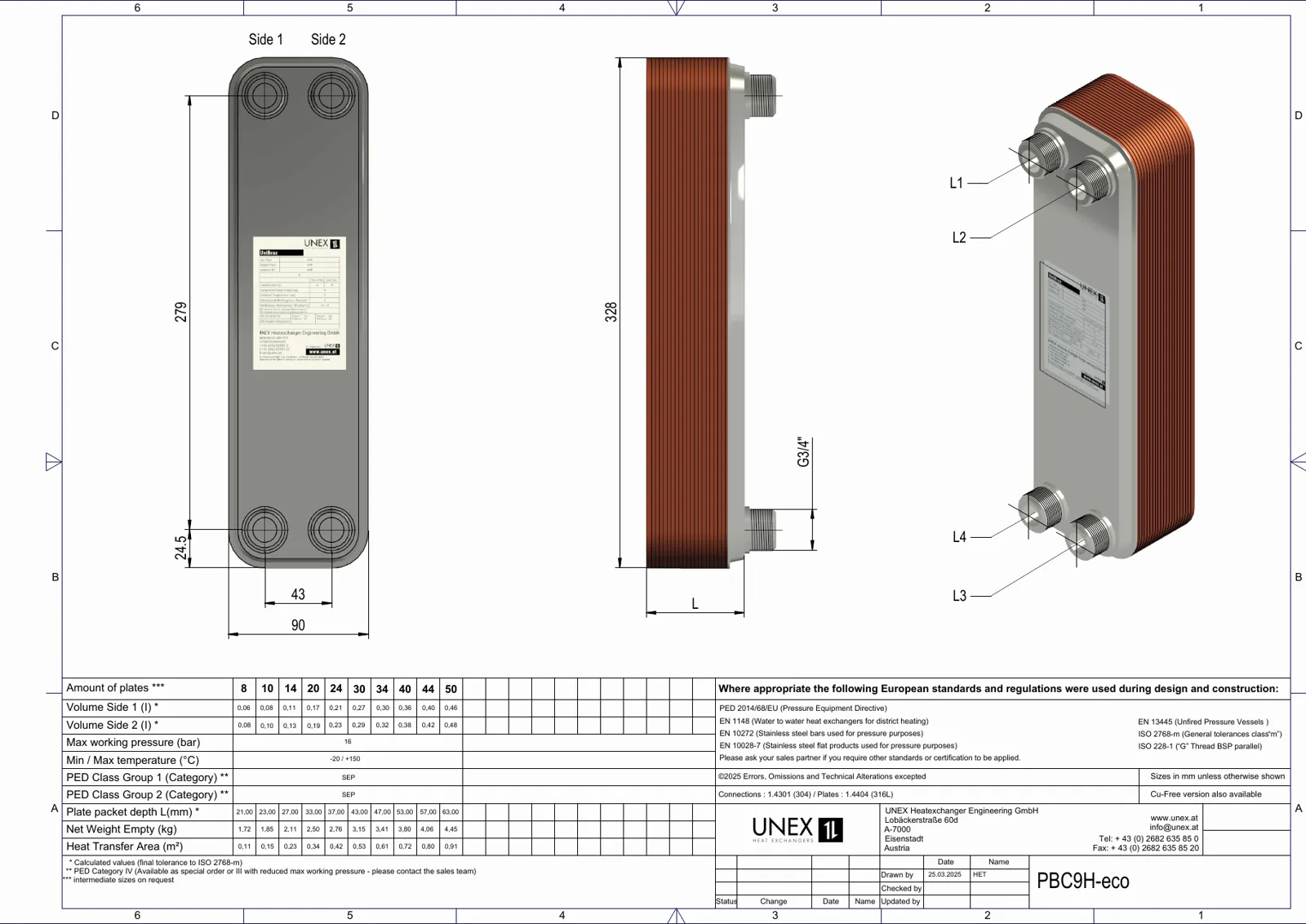Plan technique avec les dimensions de UNEX PBC9H-10-eco