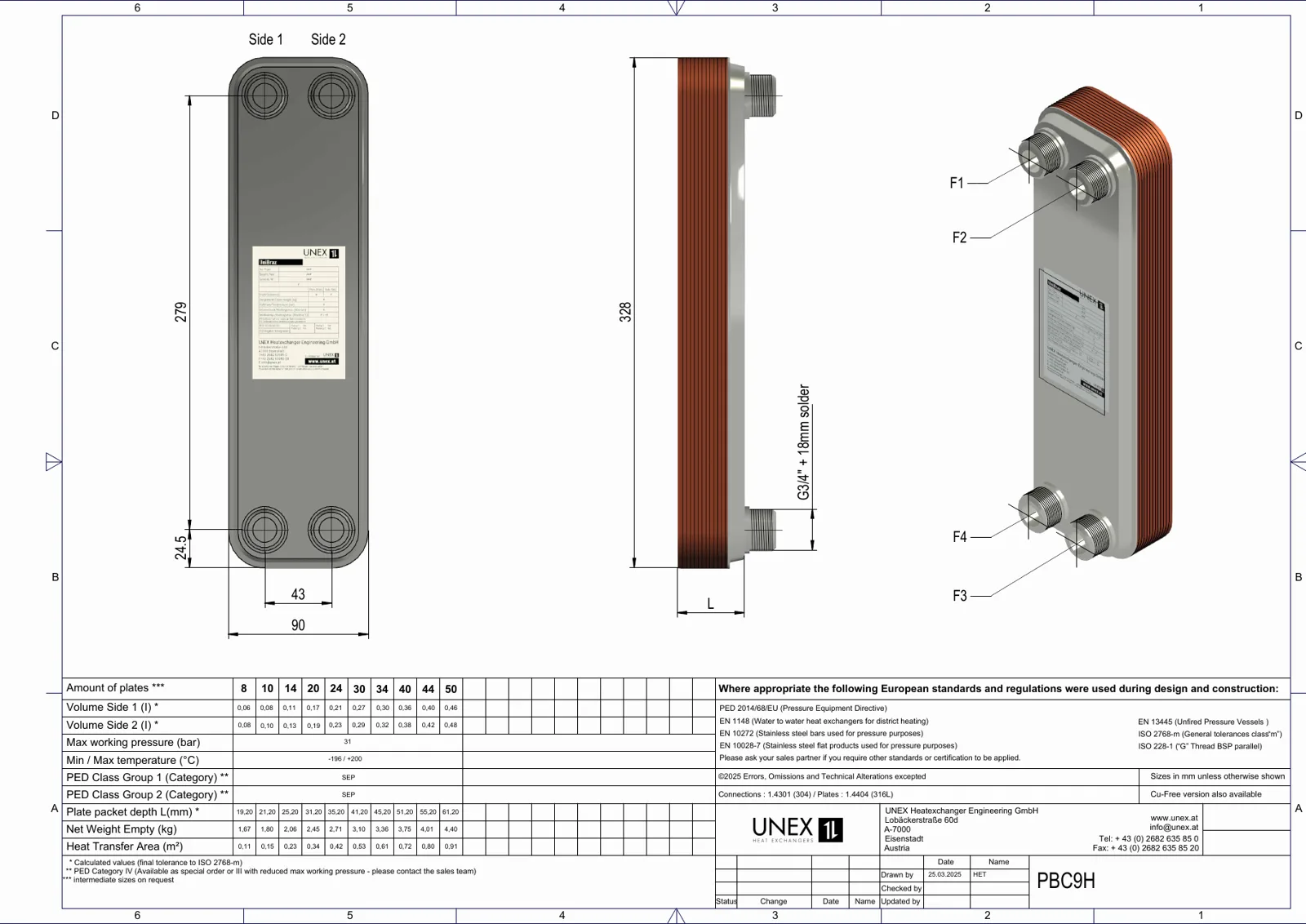 Plan technique avec les dimensions de UNEX PBC9H-8