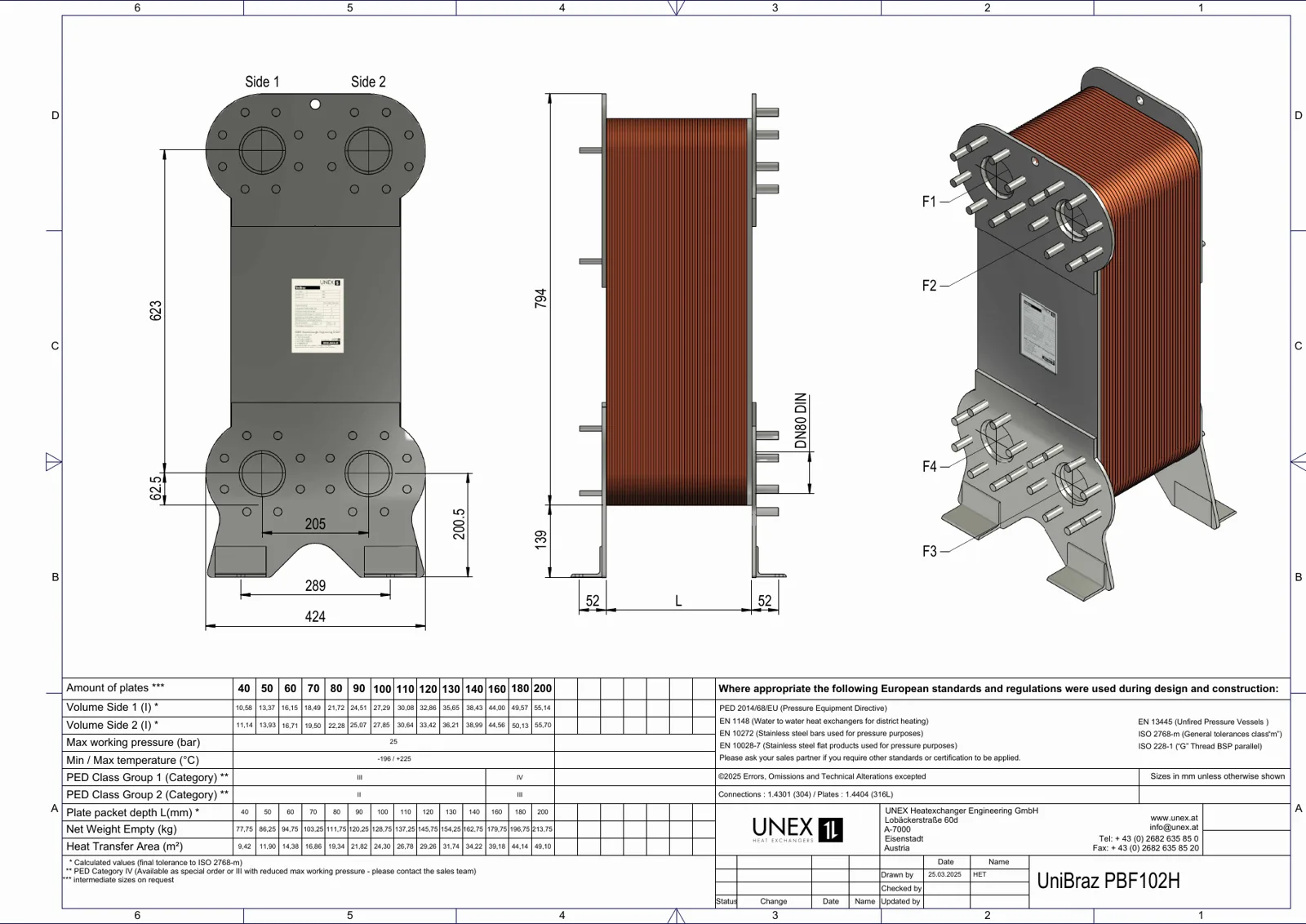 Technische Zeichnung mit den Maßen von UNEX PBF102H-130