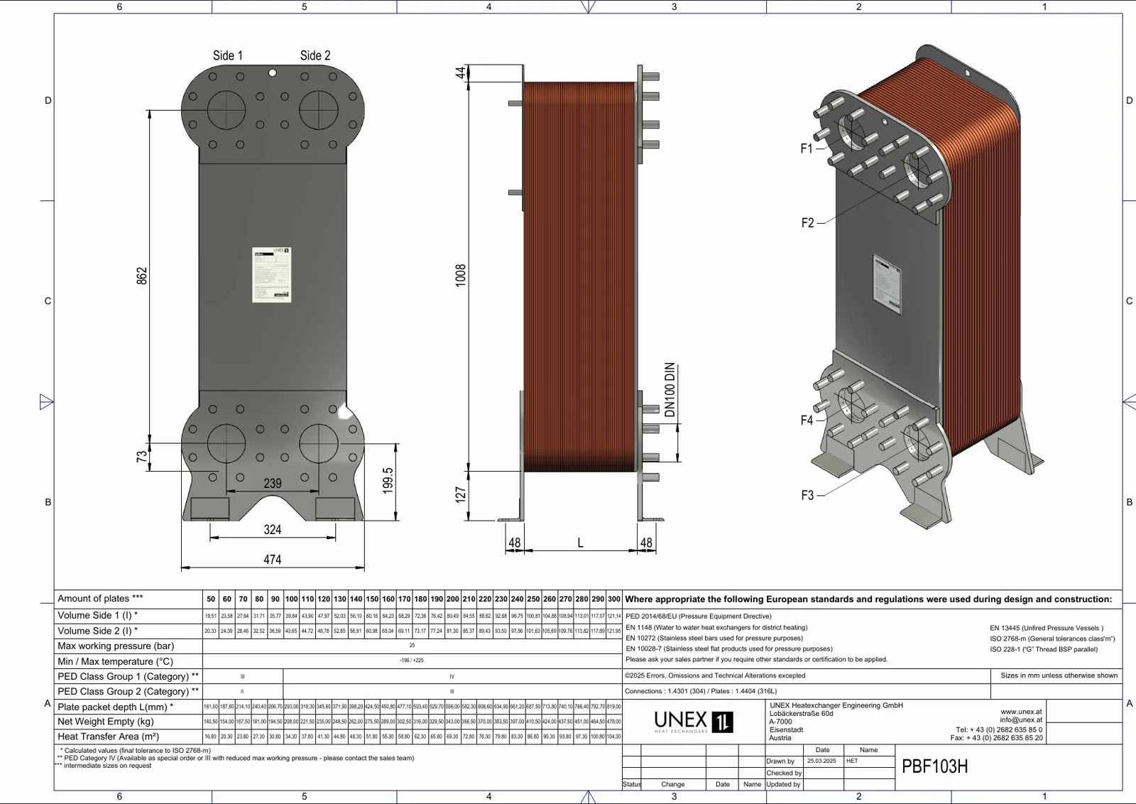 Plan technique avec les dimensions de UNEX PBF103H-70