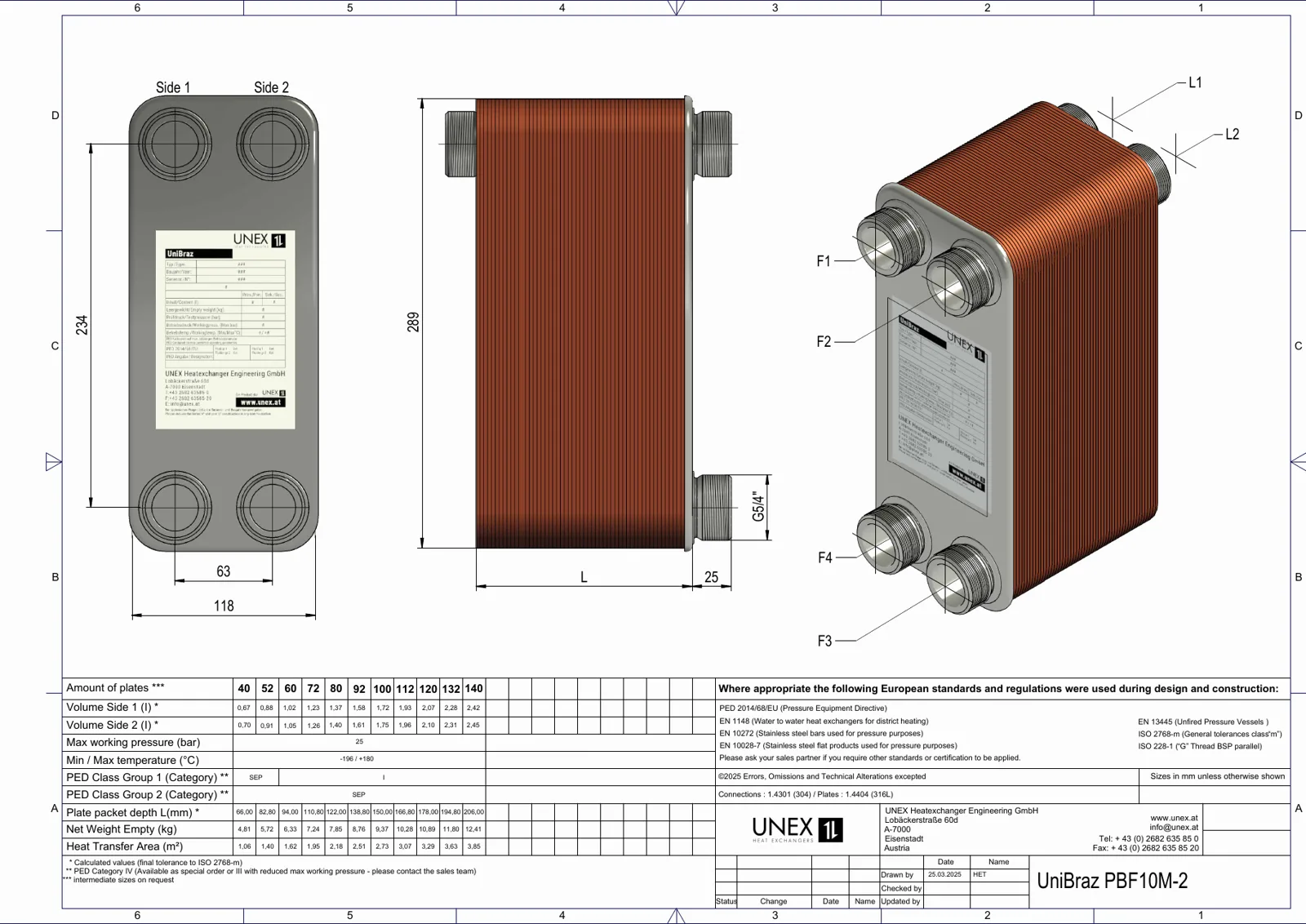 Plan technique avec les dimensions de UNEX PBF10M-20/20 40 plaques