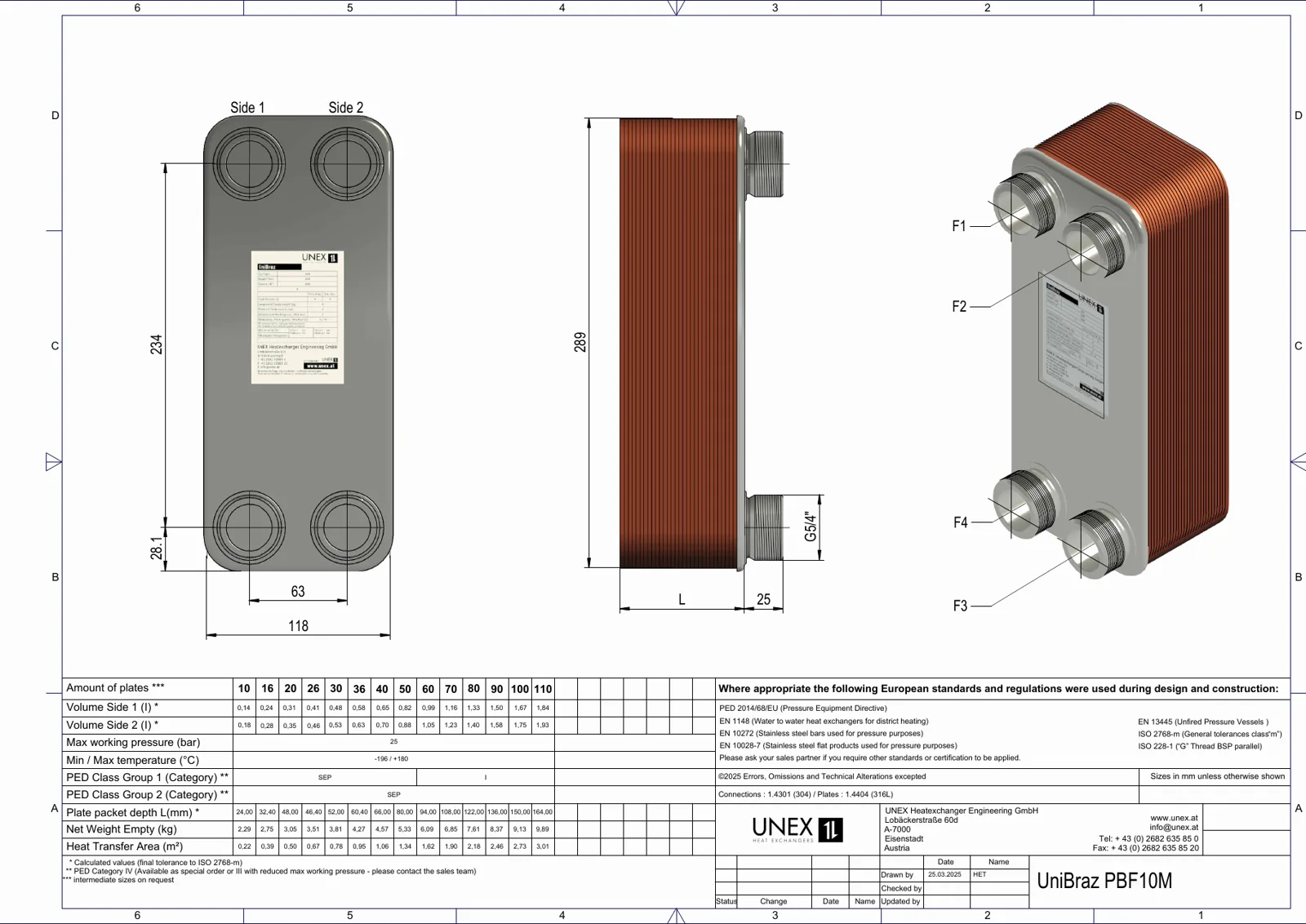 Plano técnico con las medidas de UNEX PBF10M-100