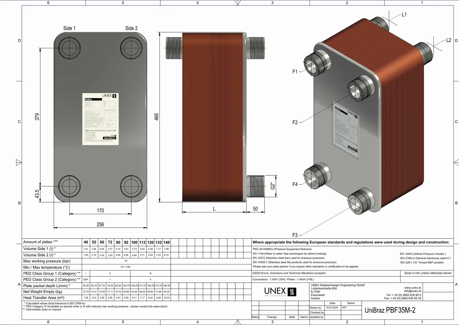 Plano técnico con las medidas de UNEX PBF35M-20/20 40 placas