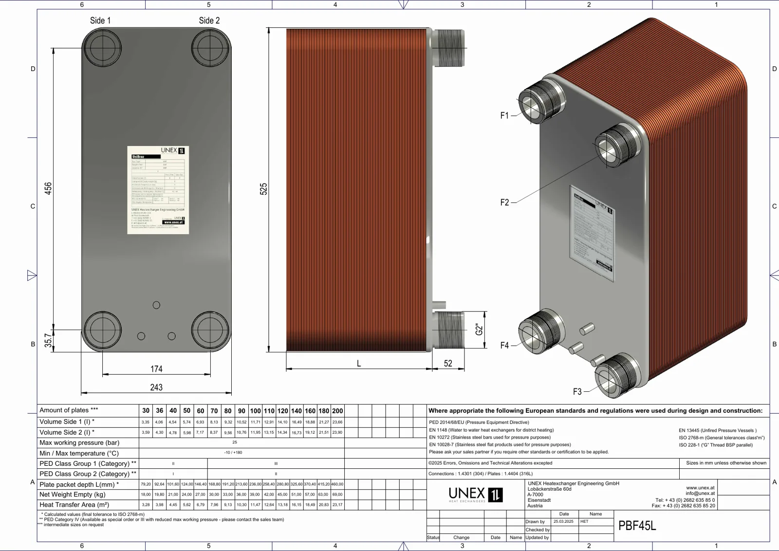 Plan technique avec les dimensions de UNEX PBF45L-30