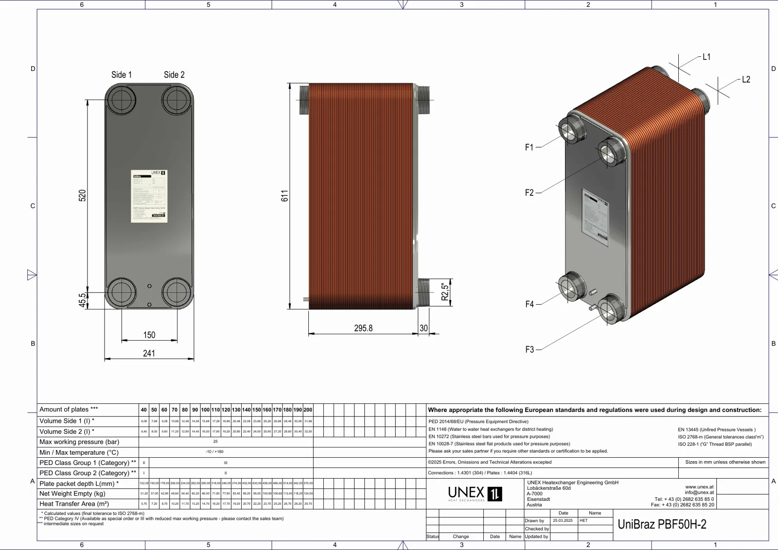 Plan technique avec les dimensions de UNEX PBF50H-45/45 90 plaques