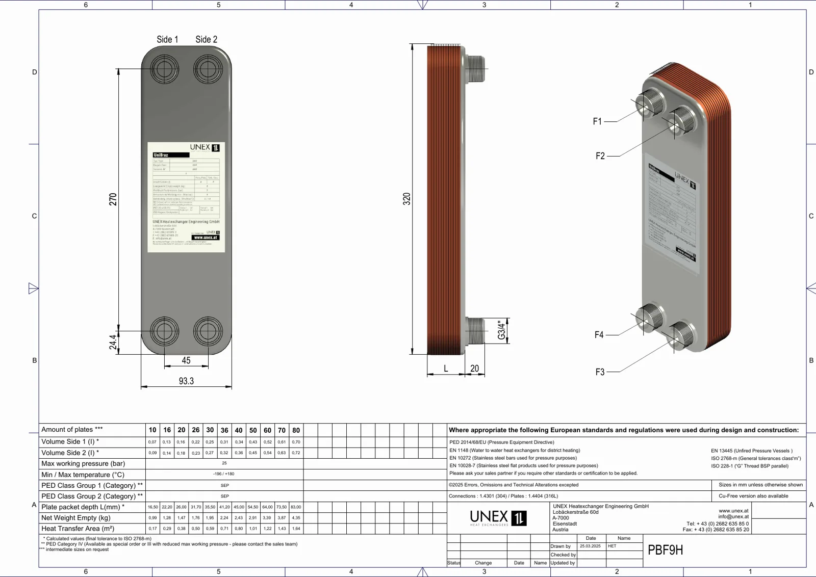 Technische Zeichnung mit den Maßen von UNEX PBF9H-10