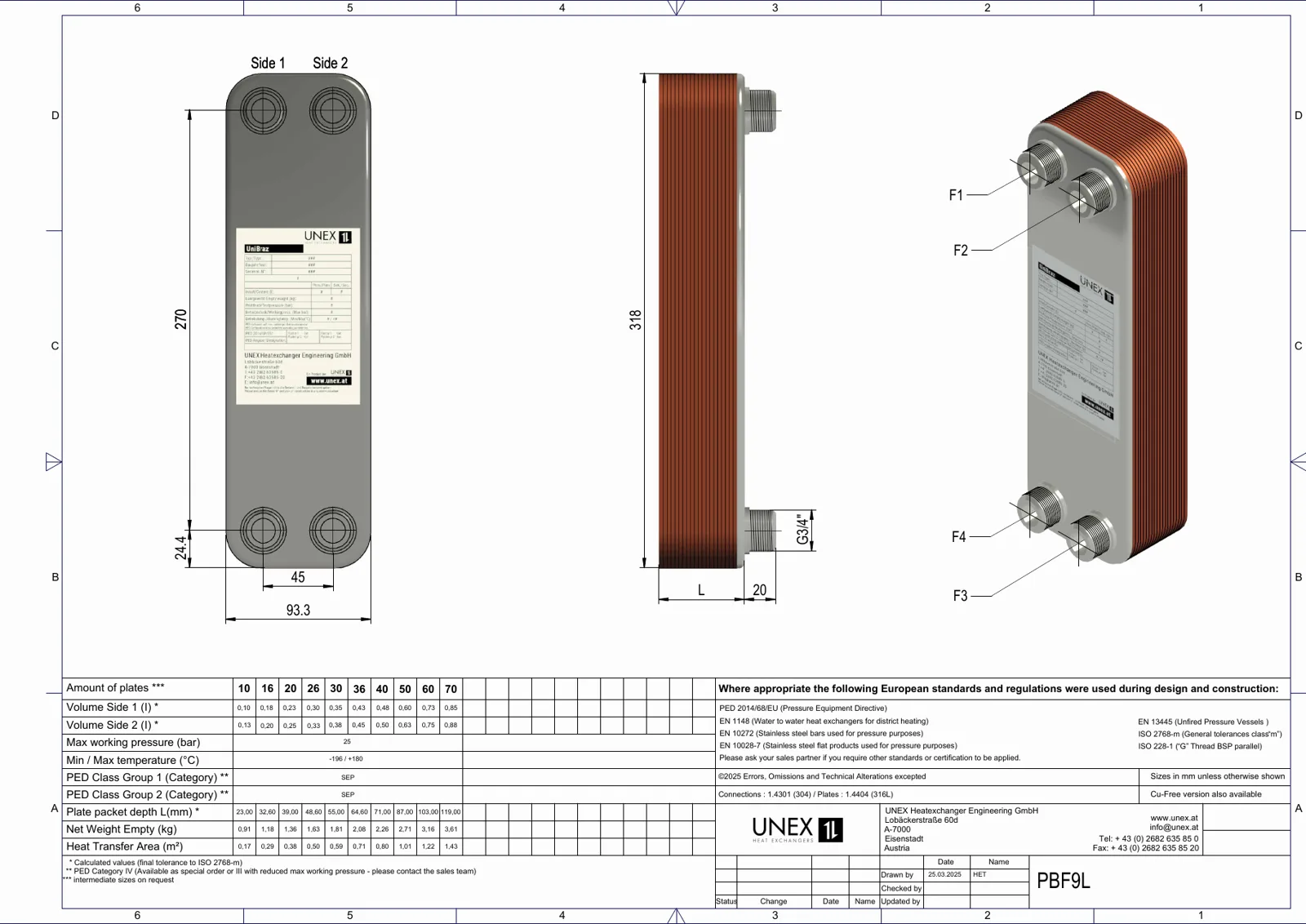 Plan technique avec les dimensions de UNEX PBF9L-16