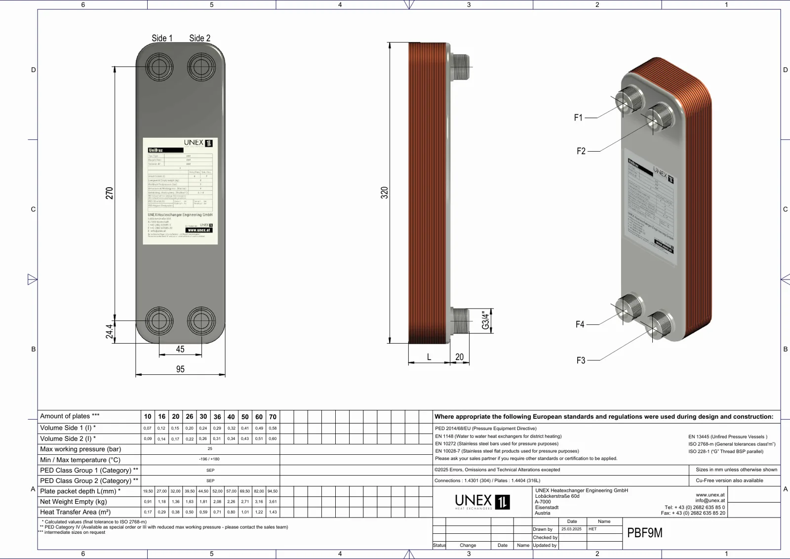 Plan technique avec les dimensions de UNEX PBF9M-20