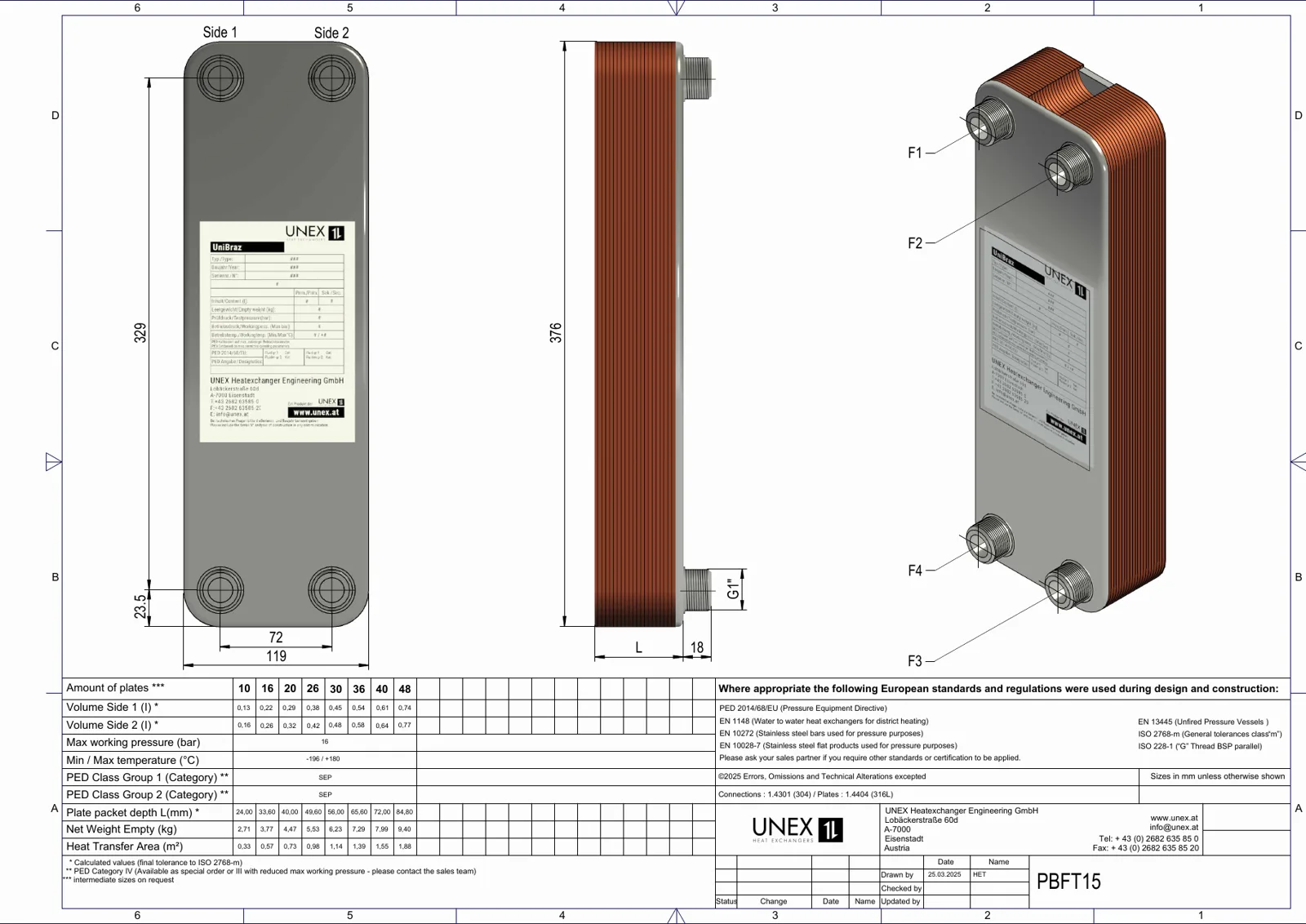 Plan technique avec les dimensions de UNEX PBFT15-20