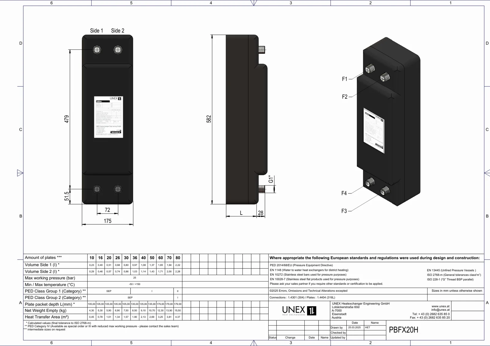 Plan technique avec les dimensions de UNEX PBFX20H-60