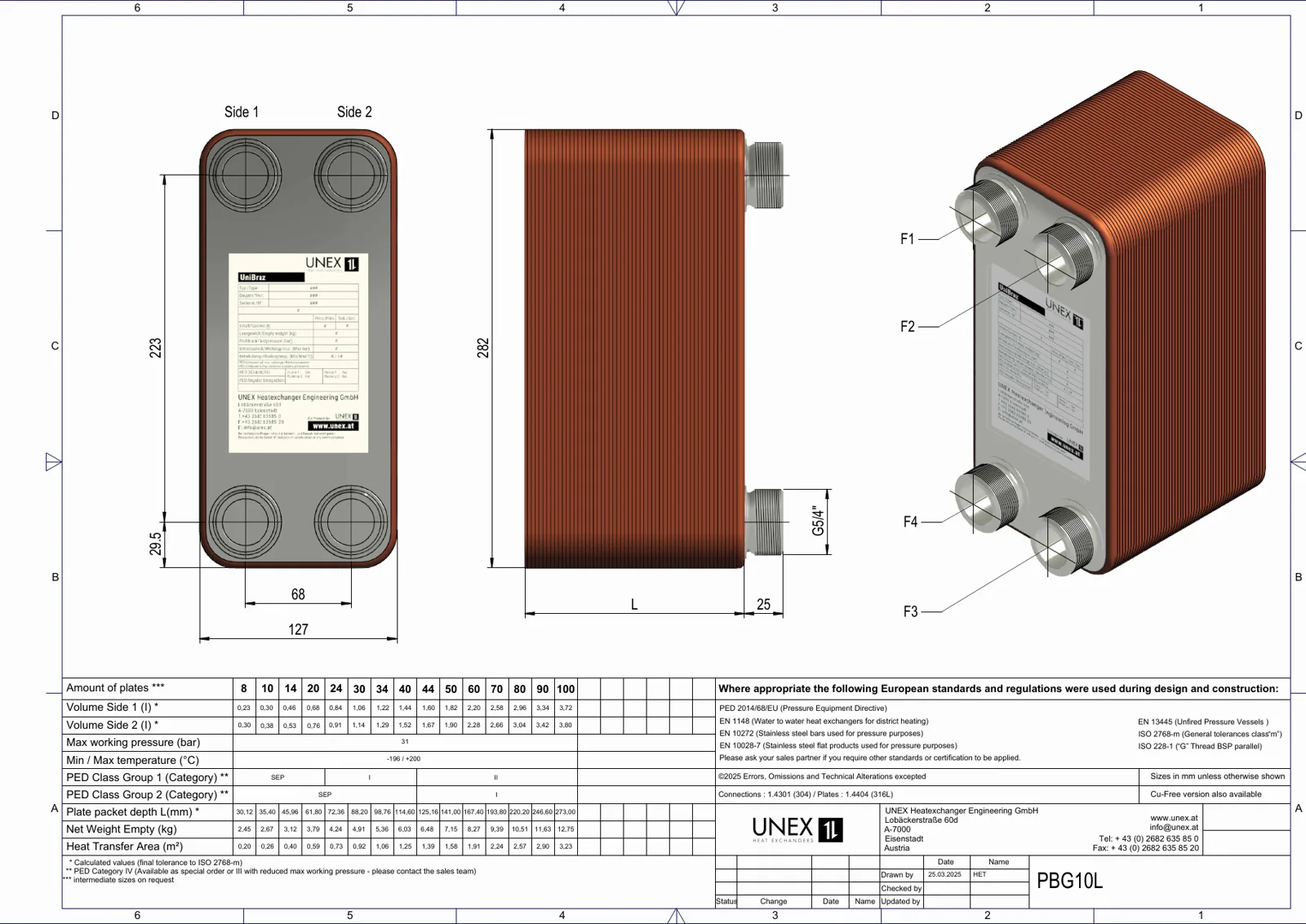 Technical drawing with the dimensions of UNEX PBG10L-8