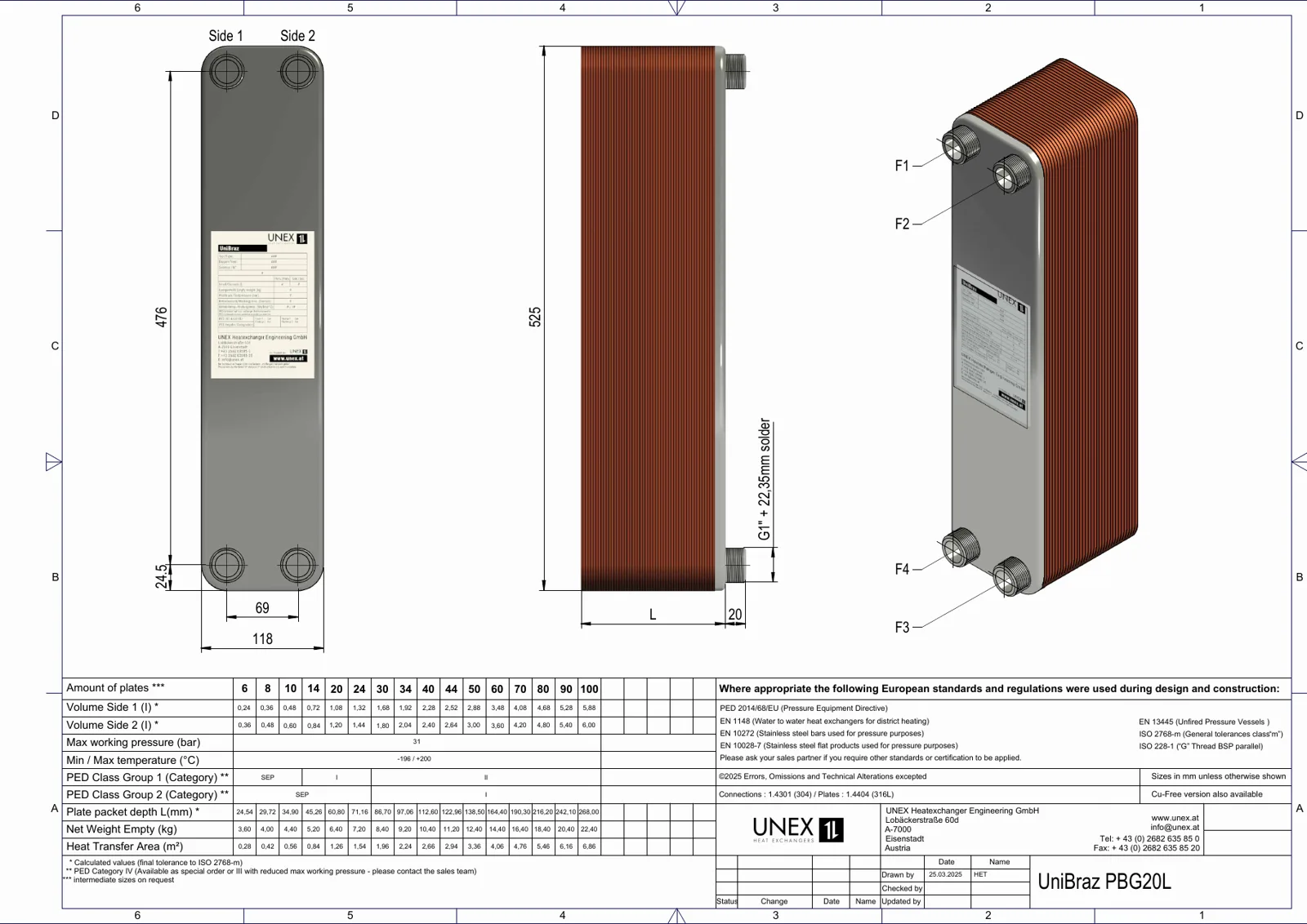 Plan technique avec les dimensions de UNEX PBG20L-6