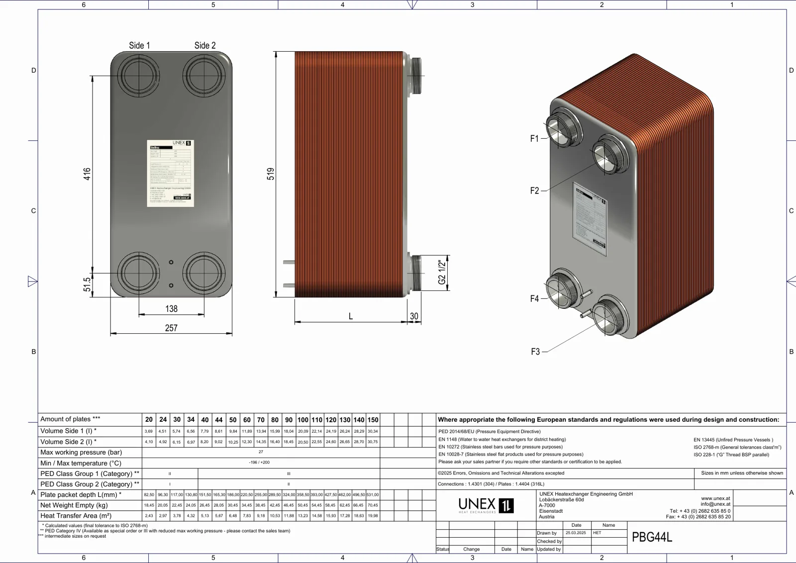 Technische Zeichnung mit den Maßen von UNEX PBG44L-20