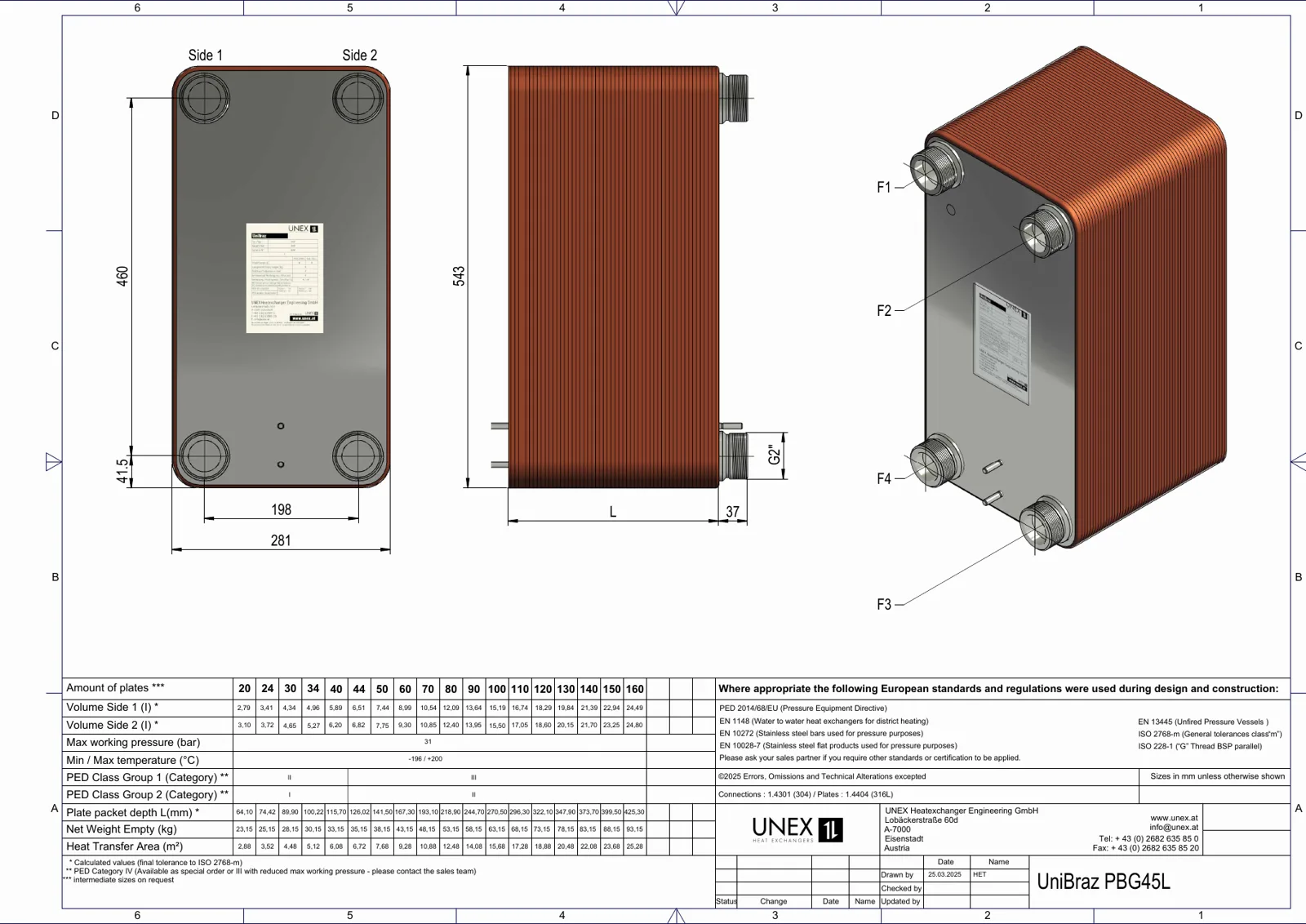 Technische Zeichnung mit den Maßen von UNEX PBG45L-20