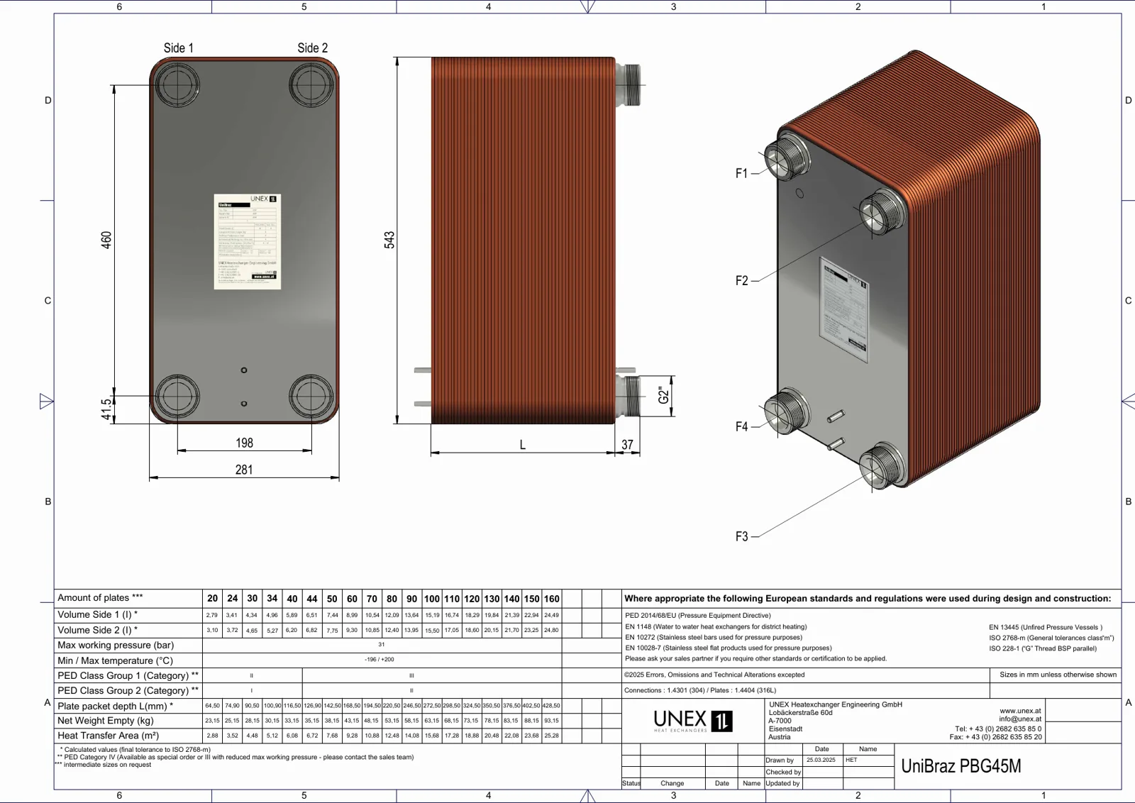 Technische Zeichnung mit den Maßen von UNEX PBG45M-20