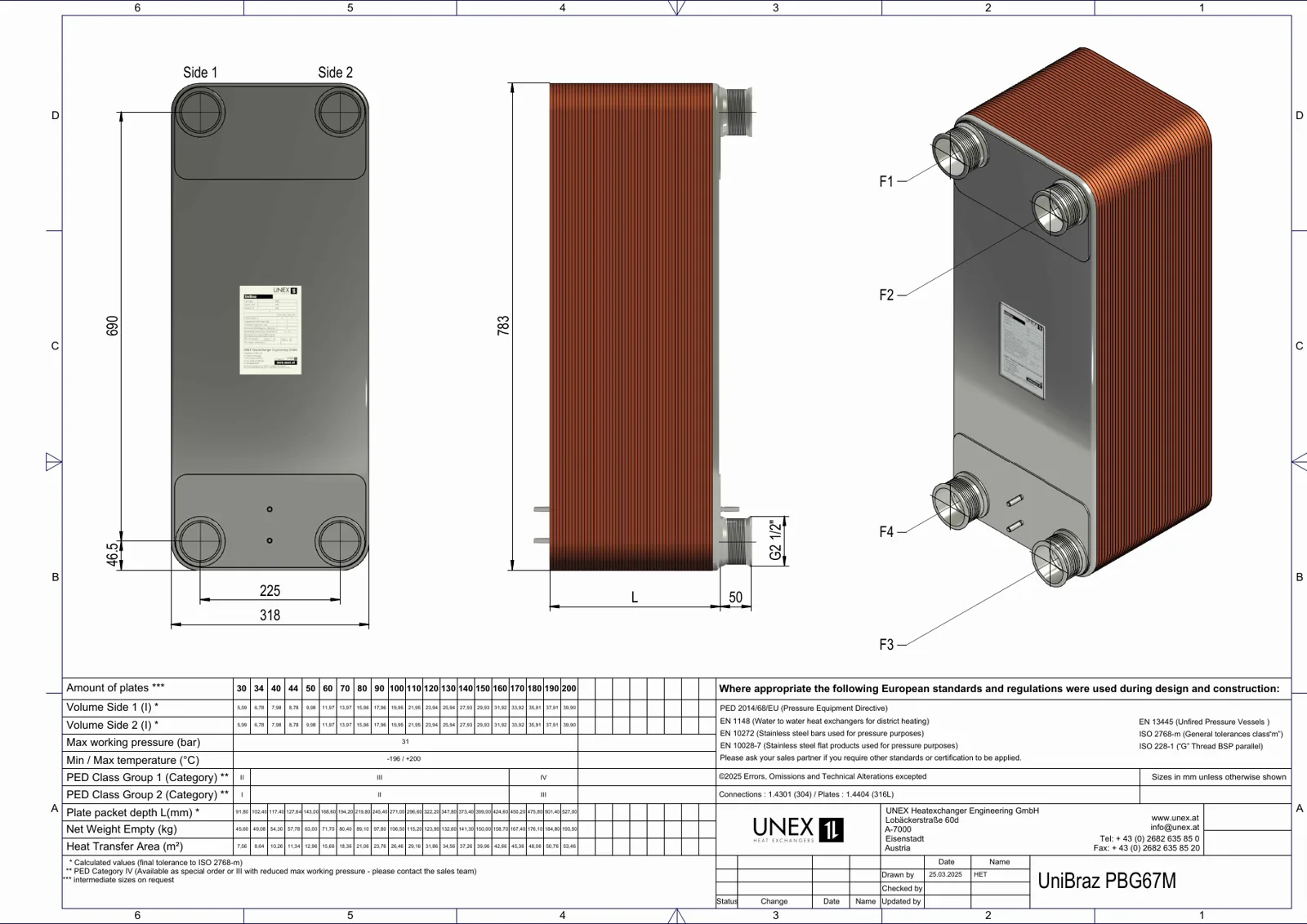 Technische Zeichnung mit den Maßen von UNEX PBG67M-50