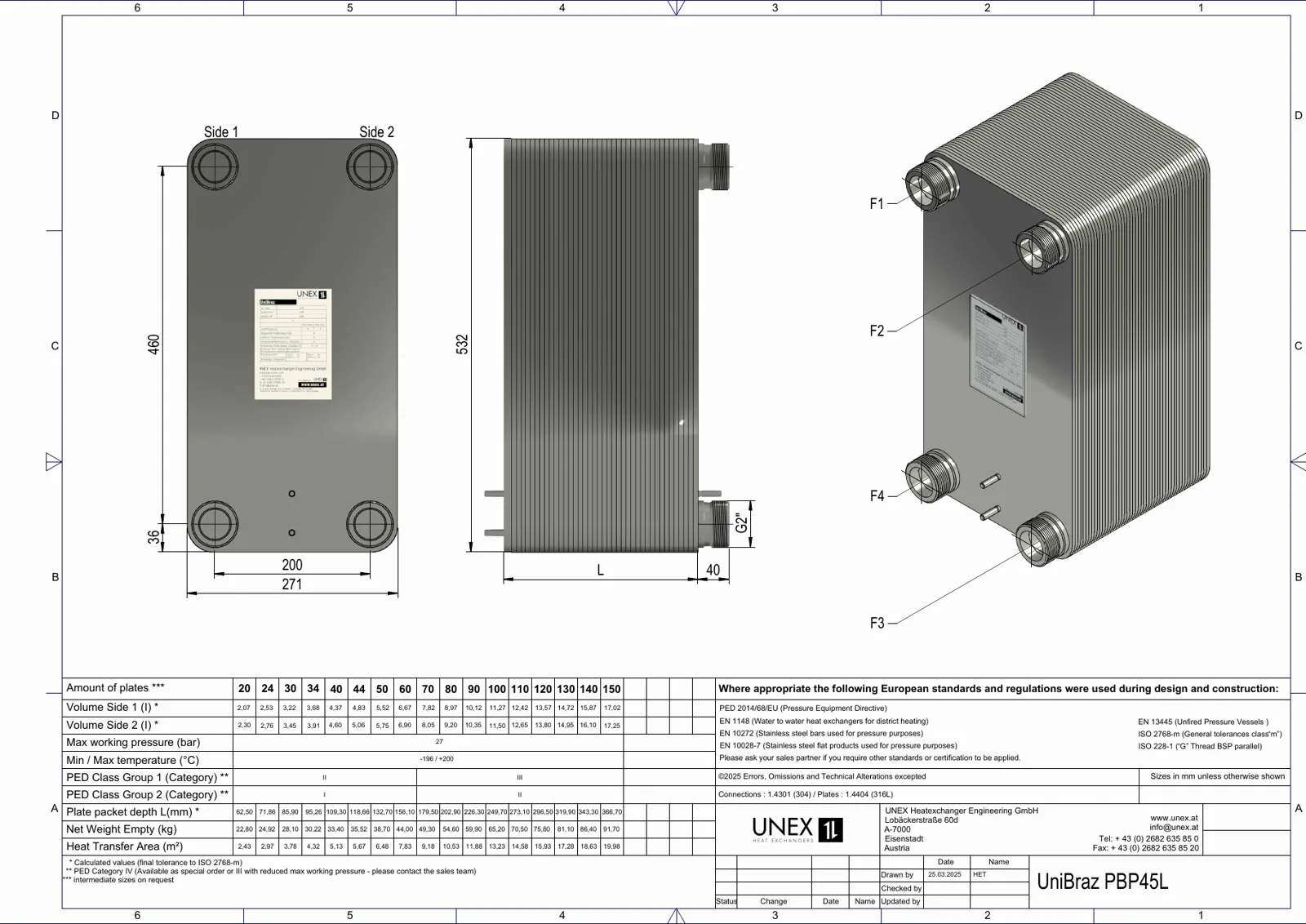 Plan technique avec les dimensions de UNEX PBP45L-100