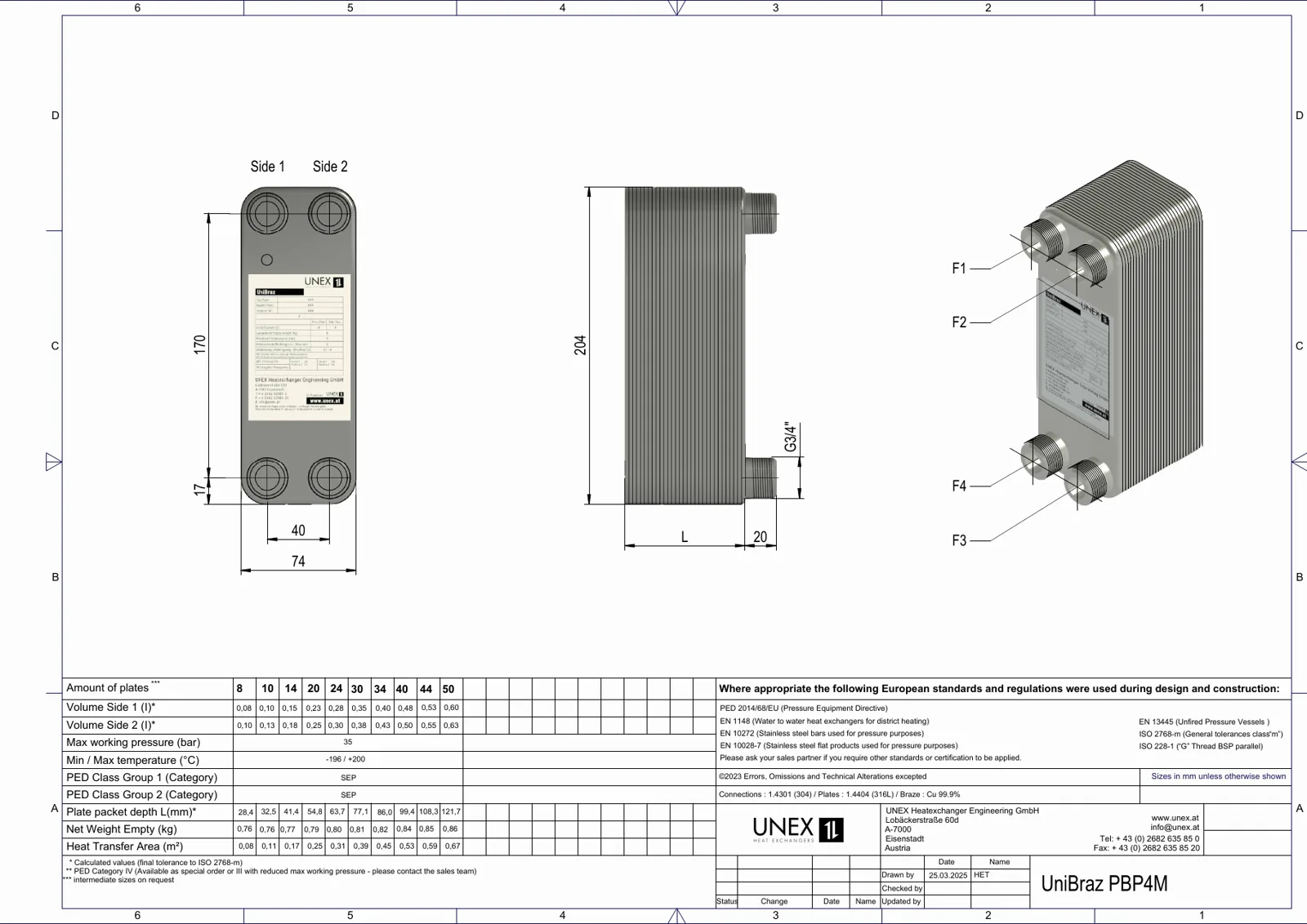 Technische Zeichnung mit den Maßen von UNEX PBP4M-10