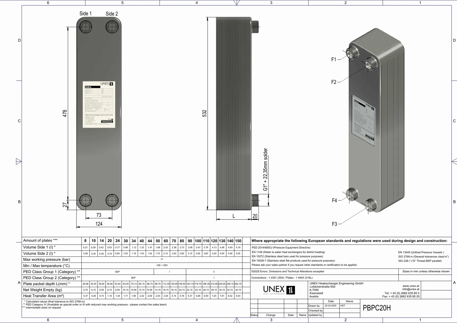 Plan technique avec les dimensions de UNEX PBPC20H-8
