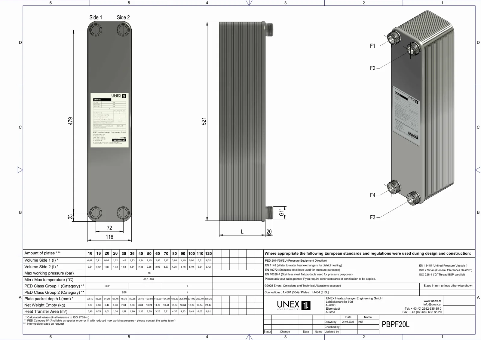 Plan technique avec les dimensions de UNEX PBPF20L-20