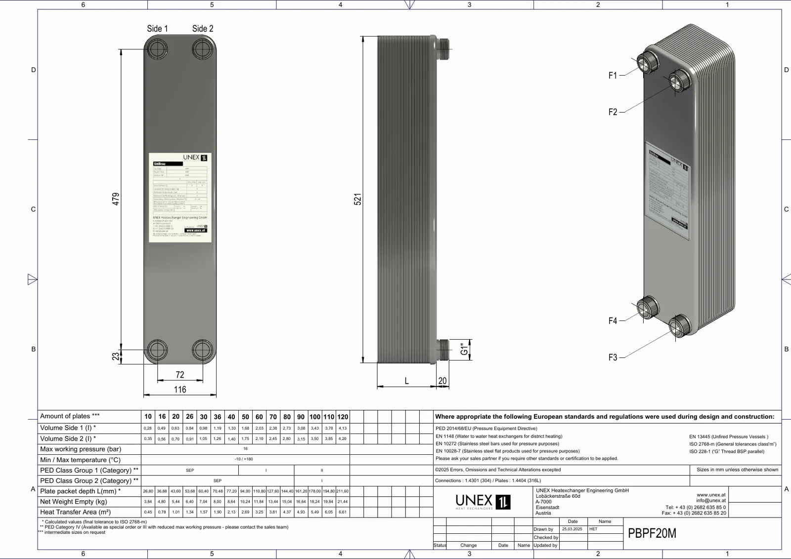 Technical drawing with the dimensions of UNEX PBPF20M-30