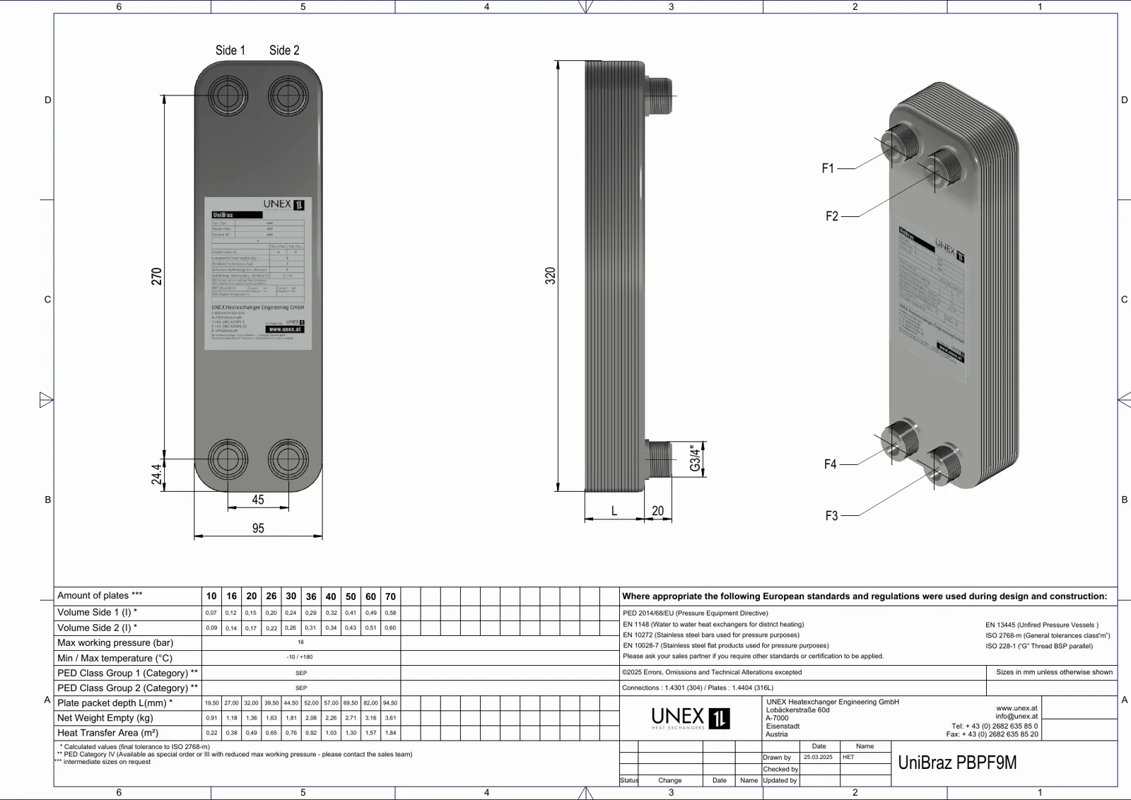 Technische Zeichnung mit den Maßen von UNEX PBPF9M-20