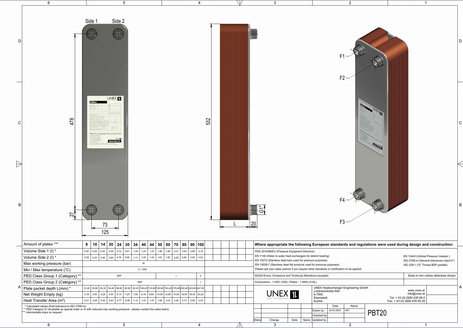 Technical drawing with the dimensions of UNEX PBT20-24